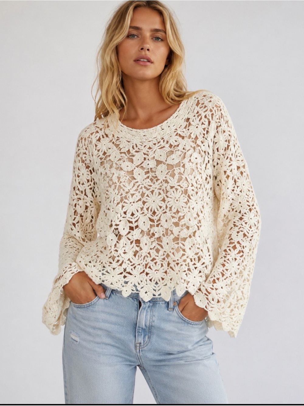 CLOTH by Design Crochet Sweater Women’s L Cream Floral Open Knit Boho Long Sleev